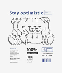 stay optimistic slogan with outline cartoon bear doll vector illustration