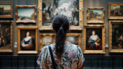 Obraz premium Woman admiring art in a gallery, surrounded by classic paintings in ornate frames. A moment of cultural appreciation.