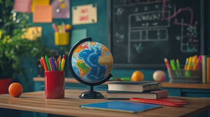 A Cozy Classroom Corner: Globe, Books, and Colorful Pencils Await Young Minds Eager to Explore the World of Knowledge.