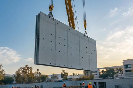 Crane lifting precast concrete wall panel at construction site