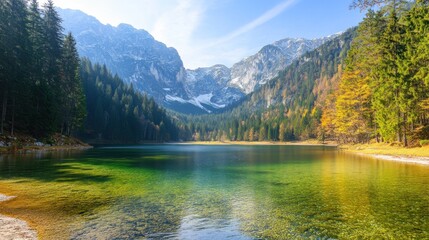 Fototapeta premium Alpine Lake Serenity: Breathtaking Autumn Scenery in the Mountains