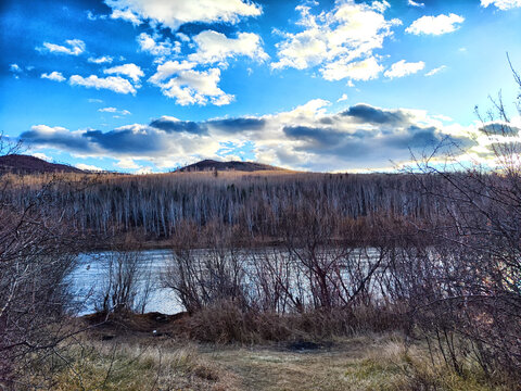 A serene river bordered by bare trees under a partly cloudy sky in the late afternoon.