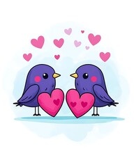 Two purple birds holding hearts with hearts floating above.