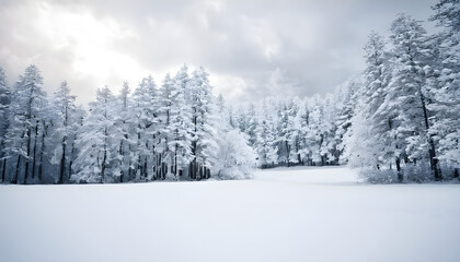 Obraz premium Snow covered forest landscape with dramatic sky in background
