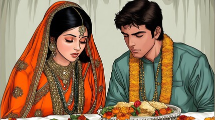 Bride and groom at a traditional South Asian wedding ceremony.