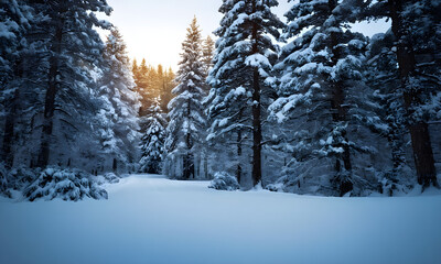 Fototapeta premium Sun shining through snow covered trees in winter forest