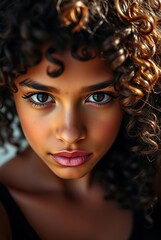 Fototapeta premium Close-Up Portrait of a Young Female with Curly Hair and Stunning Brown Eyes