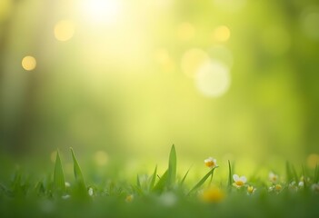 Obraz premium Serene spring meadow with tiny white flowers among green grass. Soft sunlight and bokeh effect. Nature background for wellness, ecology, and tranquility concepts