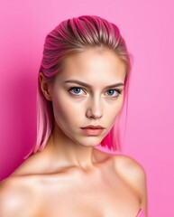 Naklejka premium Beauty Portrait of a Young Woman with Pink Hair Against a Soft Pink Background