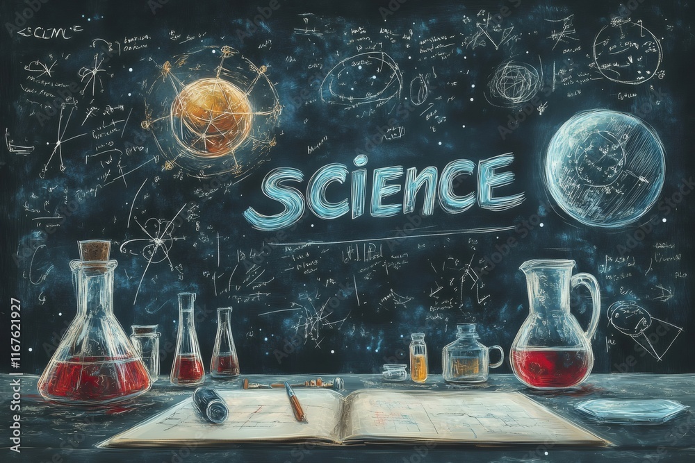 Poster science experiment displaying beakers, notebook, and chemical formulas on chalkboard