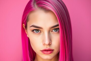 Fototapeta premium Close-Up Portrait of a Young Woman with Vibrant Pink Hair and Striking Heterochromatic Eyes Against a Pink Background