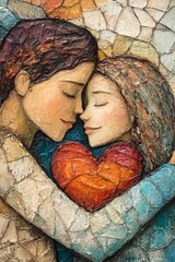 Embracing couple, textured art, shared heart.