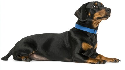 Playful dachshund posing indoors dog photography pet lifestyle home side view canine companionship