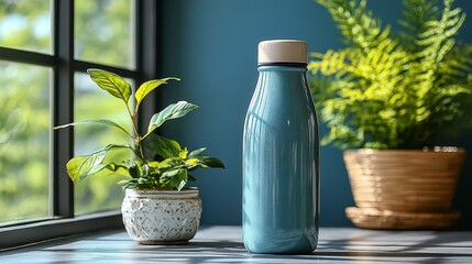 Blue reusable water bottle on windowsill with plants.