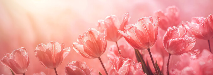 Delicate pink tulips flower composition.Valentine's Day, Women's Day  background. Spring  floral female banner.Generative ai