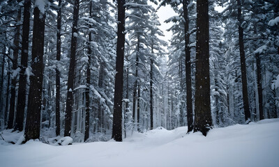 Fototapeta premium Snow falling in pine tree forest creating winter wonderland landscape