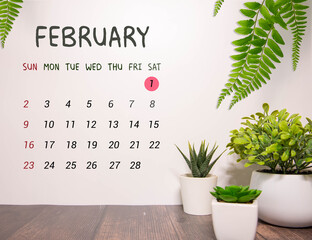 Wooden block calendar with date February 01 on pink blue backround.