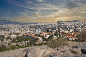 Panoramic View of Athens Cityscape from Acropolis Hill at Sunset