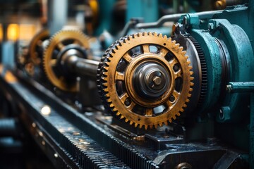 Fototapeta premium Gears rotating in industrial factory machinery close up