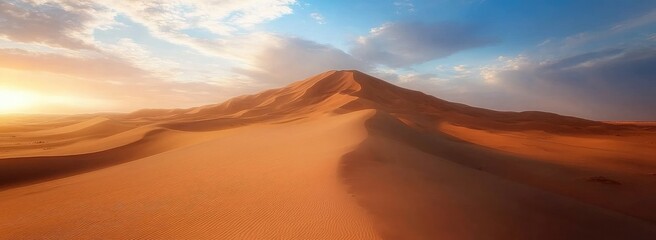 Naklejka premium Panoramic shot of an Egyptian desert landscape with a hill in the background, blue sky, golden hour