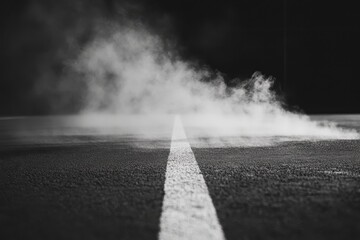 Smoke rising along a dark asphalt road with a central white line on a cool evening
