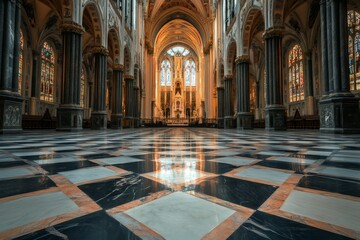 Fototapeta premium Impressive checkerboard marble floor leading to altar in ornate church