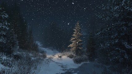 A serene winter landscape under a starry sky, with snow-covered trees and a quiet path.