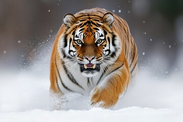 Obraz premium Siberian tiger running in the snow while showing teeth