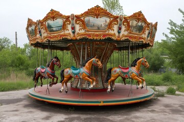 Vintage carousel horses waiting in abandoned amusement park