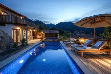 Fototapeta premium Luxurious infinity pool overlooking tropical mountains at dusk