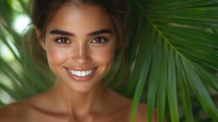 Fototapeta premium A smiling woman poses amidst lush green foliage, radiating warmth and positivity.
