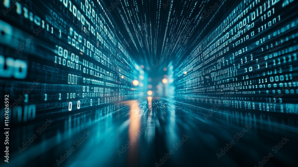 Poster binary code transforms into a chain linking technology and data in a digital landscape