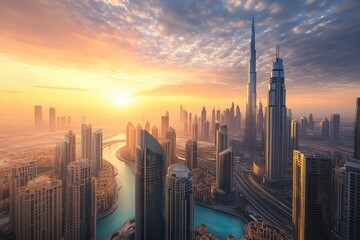 Stunning skyline of Dubai at sunset showcasing modern architecture along the winding river