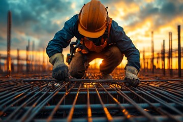 Construction Worker Laying Rebar During Sunset at a Construction Site in the Evening
