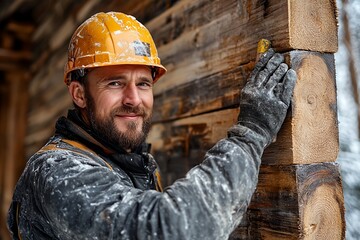 Skilled Carpenter Working With Wooden Logs in a Snowy Environment, Showcasing Craftsmanship and Attention to Detail During Winter Construction