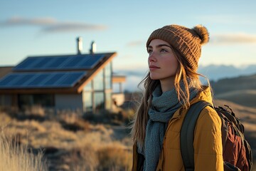 Young Woman Enjoys a Sunset View Wearing a Warm Hat While Standing in a Mountainous Landscape Near a Modern House With Solar Panels