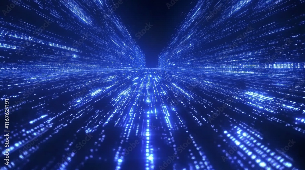 Poster a mesmerizing blue matrix code cascades down the screen, creating a digital tunnel effect in a virtu