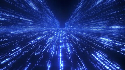 Obraz premium A mesmerizing blue matrix code cascades down the screen, creating a digital tunnel effect in a virtual landscape