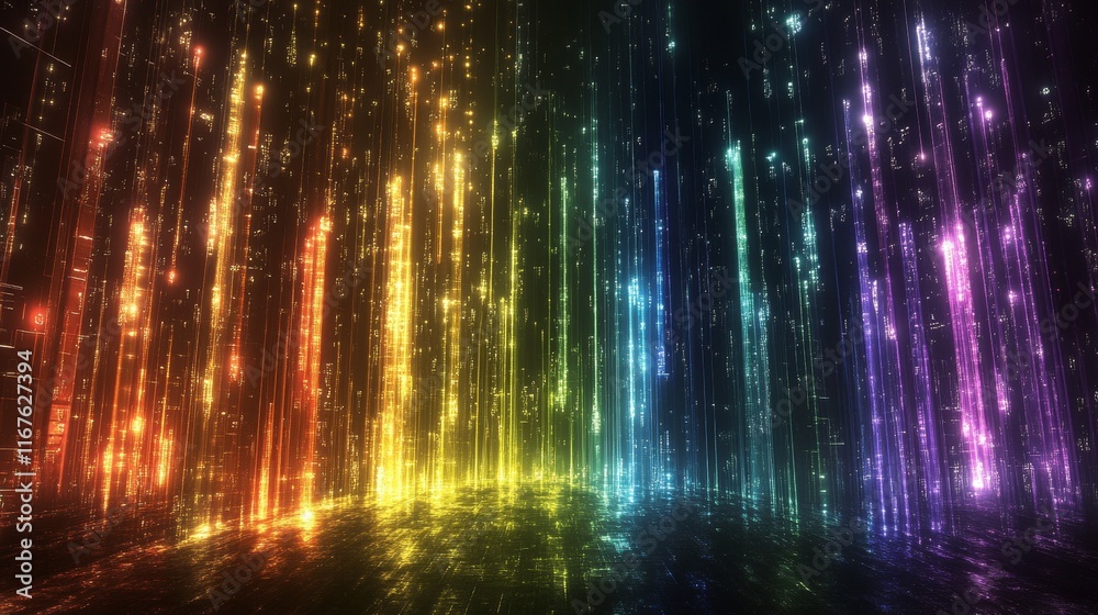 Poster Dynamic coding visualization showcasing vibrant color patterns and shifting hues in a digital landscape at twilight
