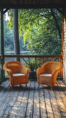 Obraz premium Cozy wicker chairs in a sunlit room surrounded by lush green plants