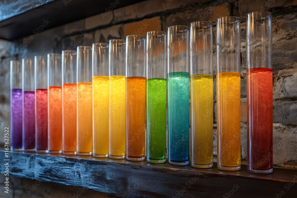 Poster Test tubes filled with colorful liquids creating a rainbow effect on a shelf