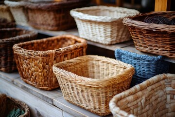 Obraz premium Wicker baskets displayed on wooden shelves, showing traditional craftsmanship