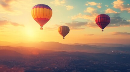 Fototapeta premium Vintage Style Hot Air Balloons Over Natural Landscape