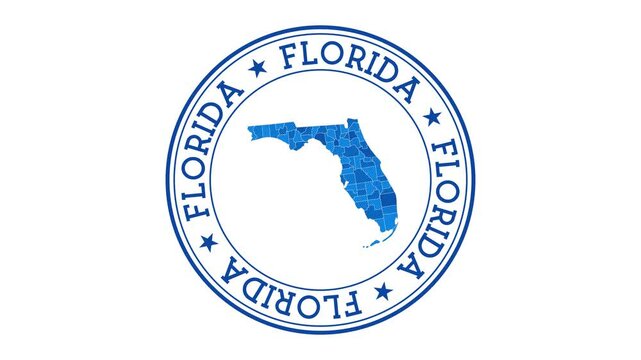 Florida intro. Badge with the circular name and map of US state. Florida round logo animation.