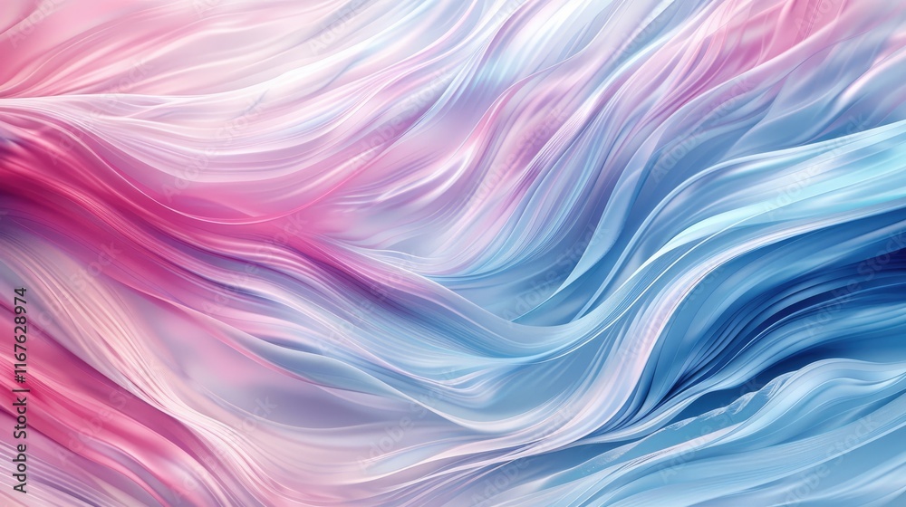Poster an abstract background featuring waves of pink and blue colors with smooth curves of liquid paint, s