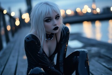 Gothic model posing on pier at dusk, wearing black latex outfit