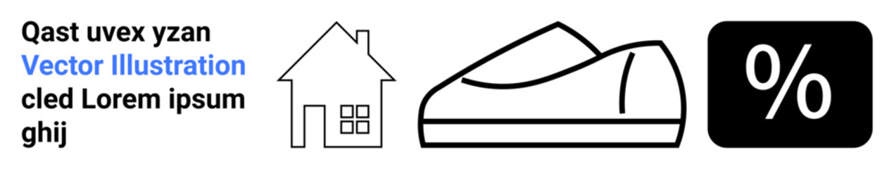 Home icon, sneaker icon, percentage icon alongside sample text. Ideal for real estate, fashion, retail, sales, home decor, marketing, advertising. Landing page