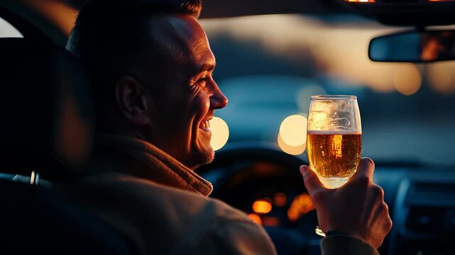 drunk man sitting in his car smiling holding a glass of beer