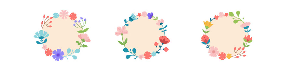 Flower frame. Circle floral banner. Round floristic decoration template. Isolated botany mock up. 