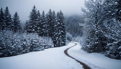 Obraz premium Snow covered road winding through a snowy forest